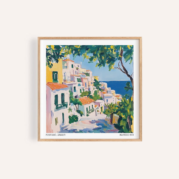 Bright Positano art print with green shutters and coastal architecture.
