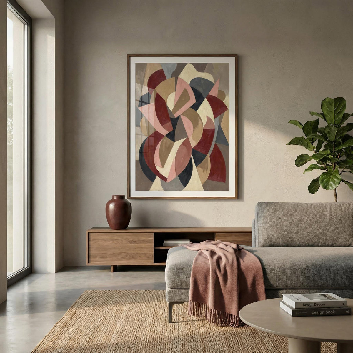 Modern living room with abstract art, gray sofa, and wooden cabinet.