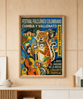 Bold festival wall art print showing jaguar, guitars, and drums with Spanish text