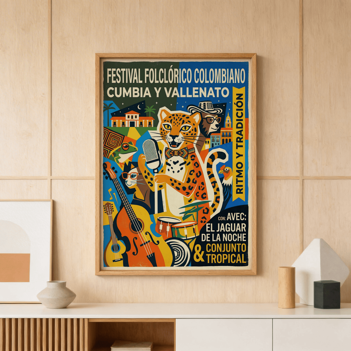 Bold festival wall art print showing jaguar, guitars, and drums with Spanish text