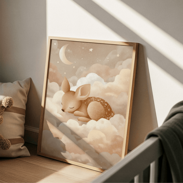 Sleeping Deer Wall Art featuring Pink and Beige for kids bedroom wall art