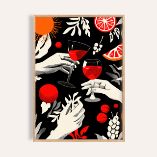 Framed Celebration wall art of hands toasting with red wine glasses with red and orange fruit accents