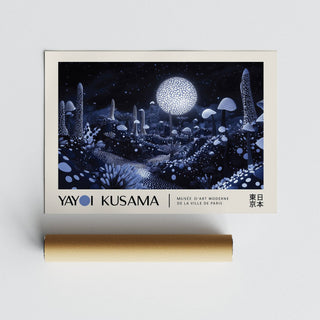 Surreal mushroom scene under stars in moon art wall poster