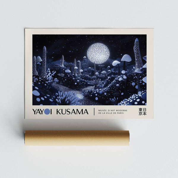 Surreal mushroom scene under stars in moon art wall poster