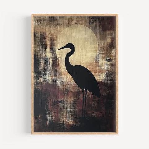 Traditional Japanese heron silhouette poster with Wabi Sabi minimalist design