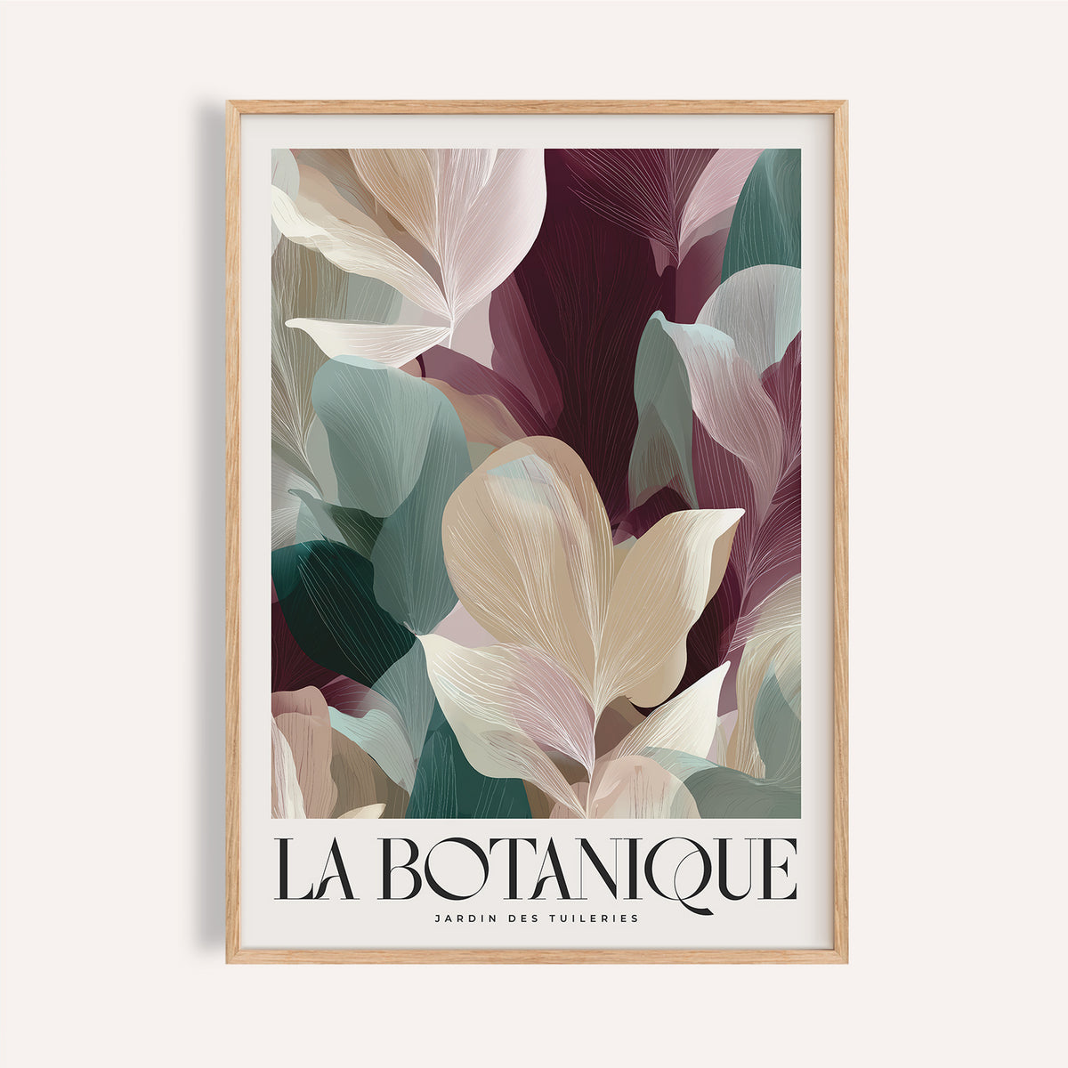 Layered burgundy and green large prints for living room walls