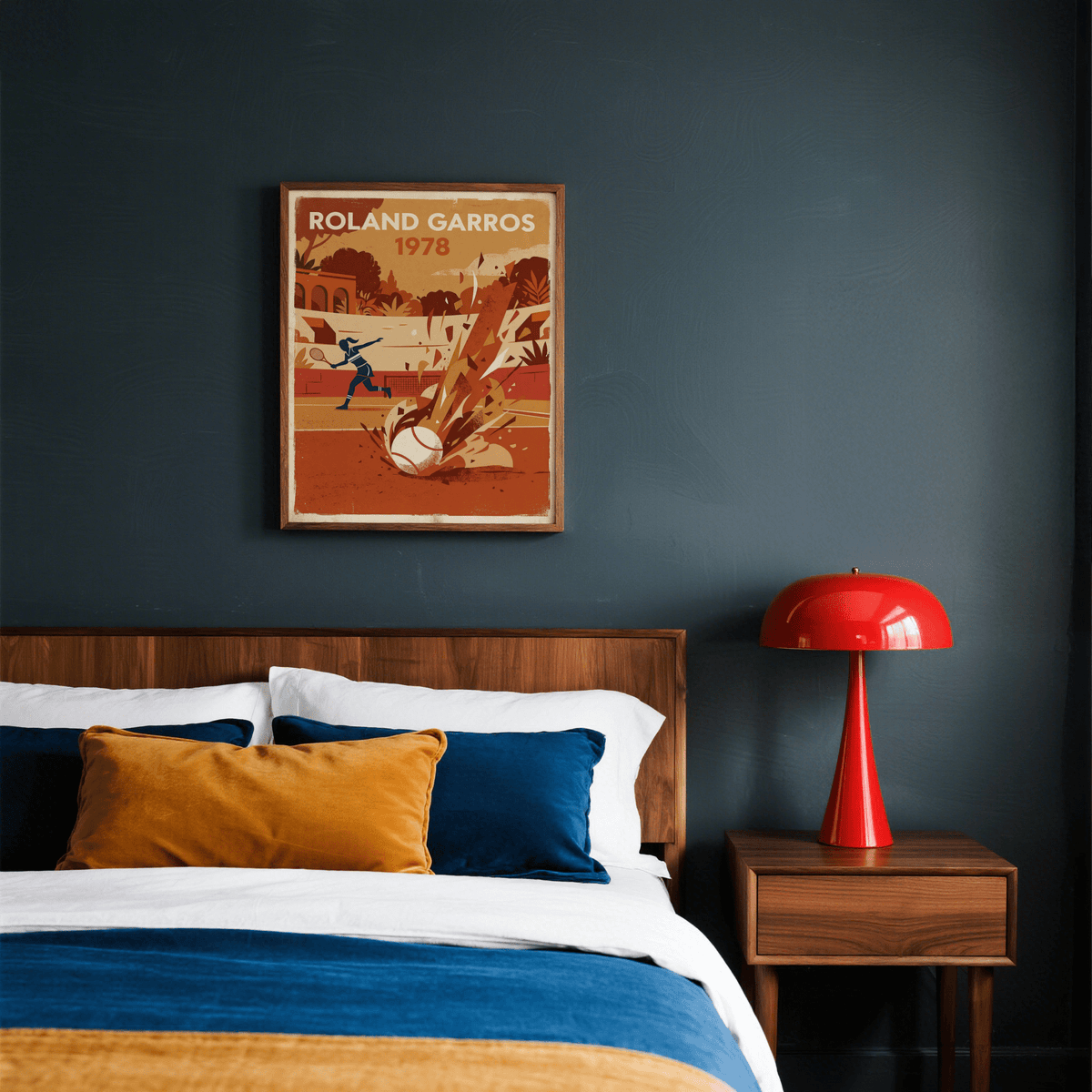 Retro tennis wall art print featuring bold typography, court lines, and diagonal burst shapes