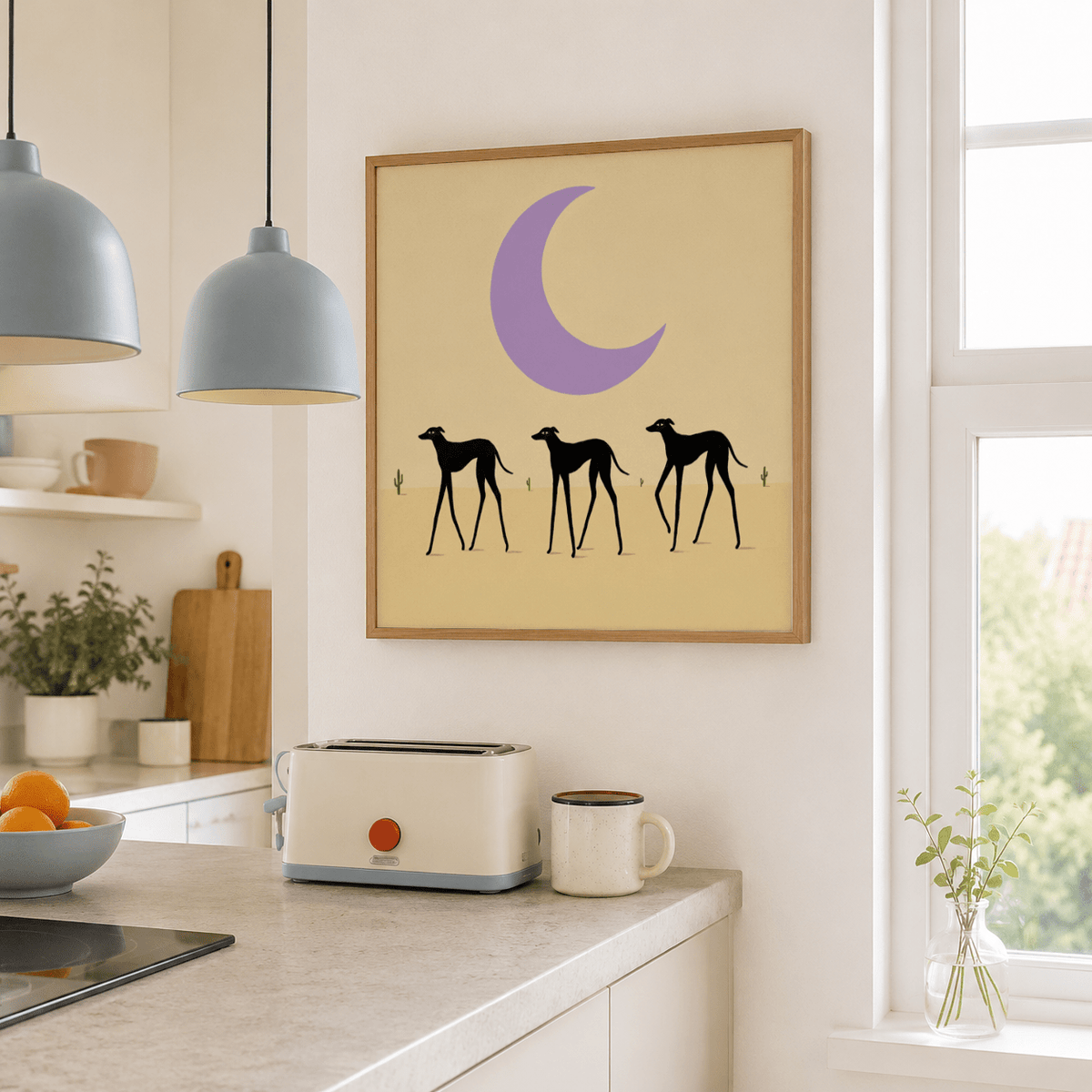 Graphic print showing three slender dogs walking across a sparse landscape with small cacti