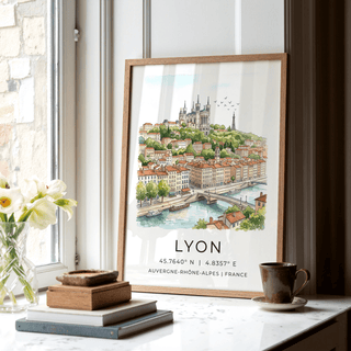 Poster mockup of Lyon with multicolored rooftops and birds in the sky