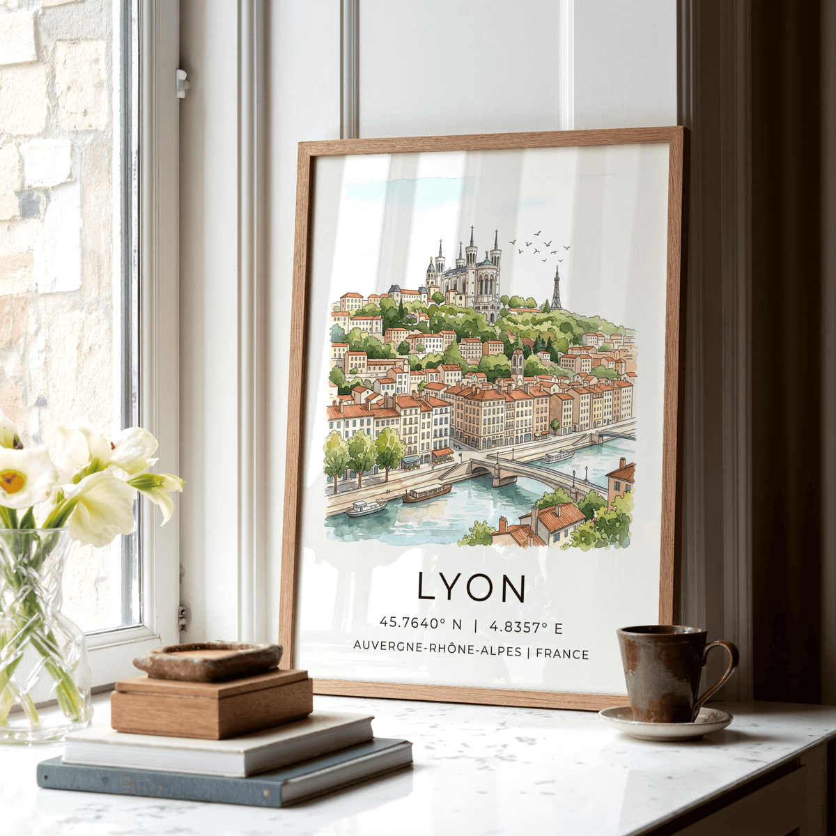 Poster mockup of Lyon with multicolored rooftops and birds in the sky