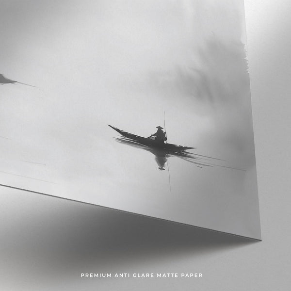 Fog-covered riverbank with boat and fisherman in Japanese wall art style.