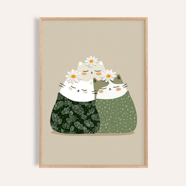 Illustrated Cat Wall Art in Green, Beige, and White for nursery print