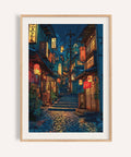Japanese drawing of a lantern-lit Kyoto alley for office decor