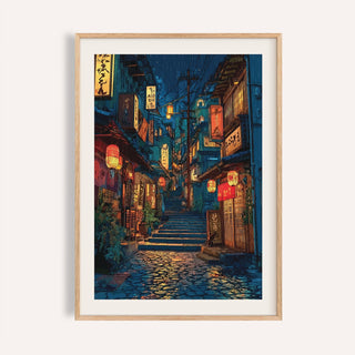 Framed Japanese drawing of a rainy street in Gion with lanterns and cobblestones