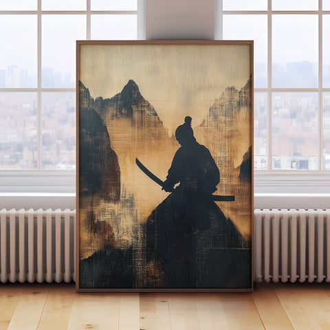 Japanese samurai wall art in Wabi Sabi style, ideal for zen and Japandi decor

