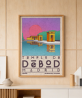 Stylized Madrid temple wall art poster with sun disk and water reflection