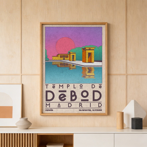 Stylized Madrid temple wall art poster with sun disk and water reflection