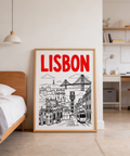 Illustrated Lisbon cityscape poster print with bold title and linework buildings