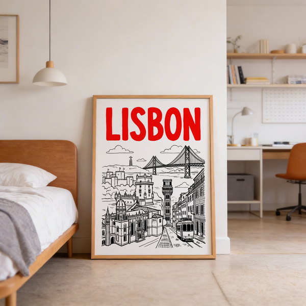 Illustrated Lisbon cityscape poster print with bold title and linework buildings