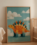 Vibrant Cute Dinosaur Art Print for kids in Orange and Blue