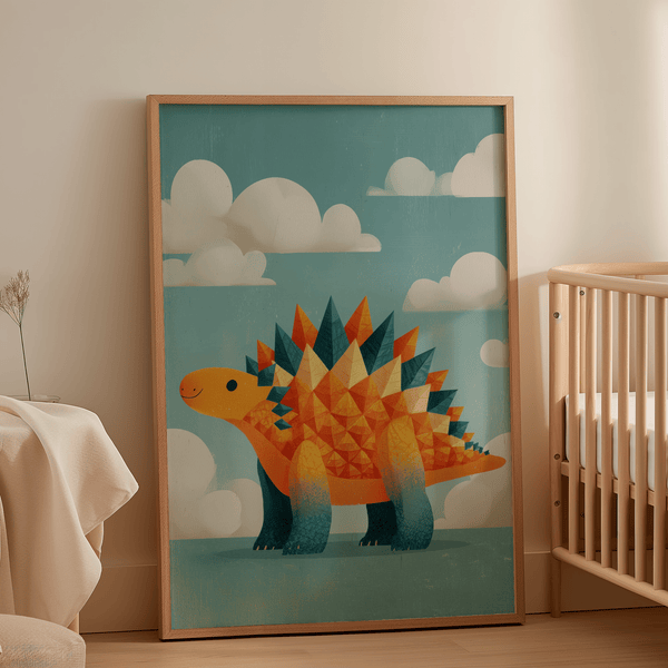 Vibrant Cute Dinosaur Art Print for kids in Orange and Blue