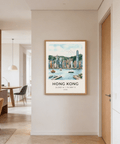 Typography-led Hong Kong city poster print with coordinates under the skyline illustration