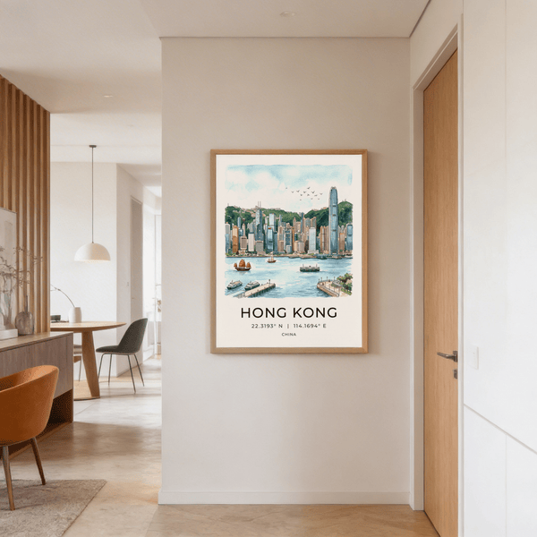 Typography-led Hong Kong city poster print with coordinates under the skyline illustration