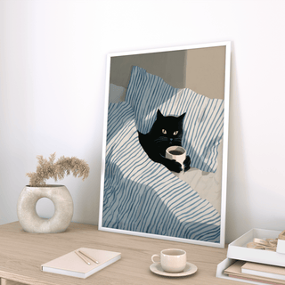 Black cat-themed Cat In Bed Poster art print for bedroom in blue and white