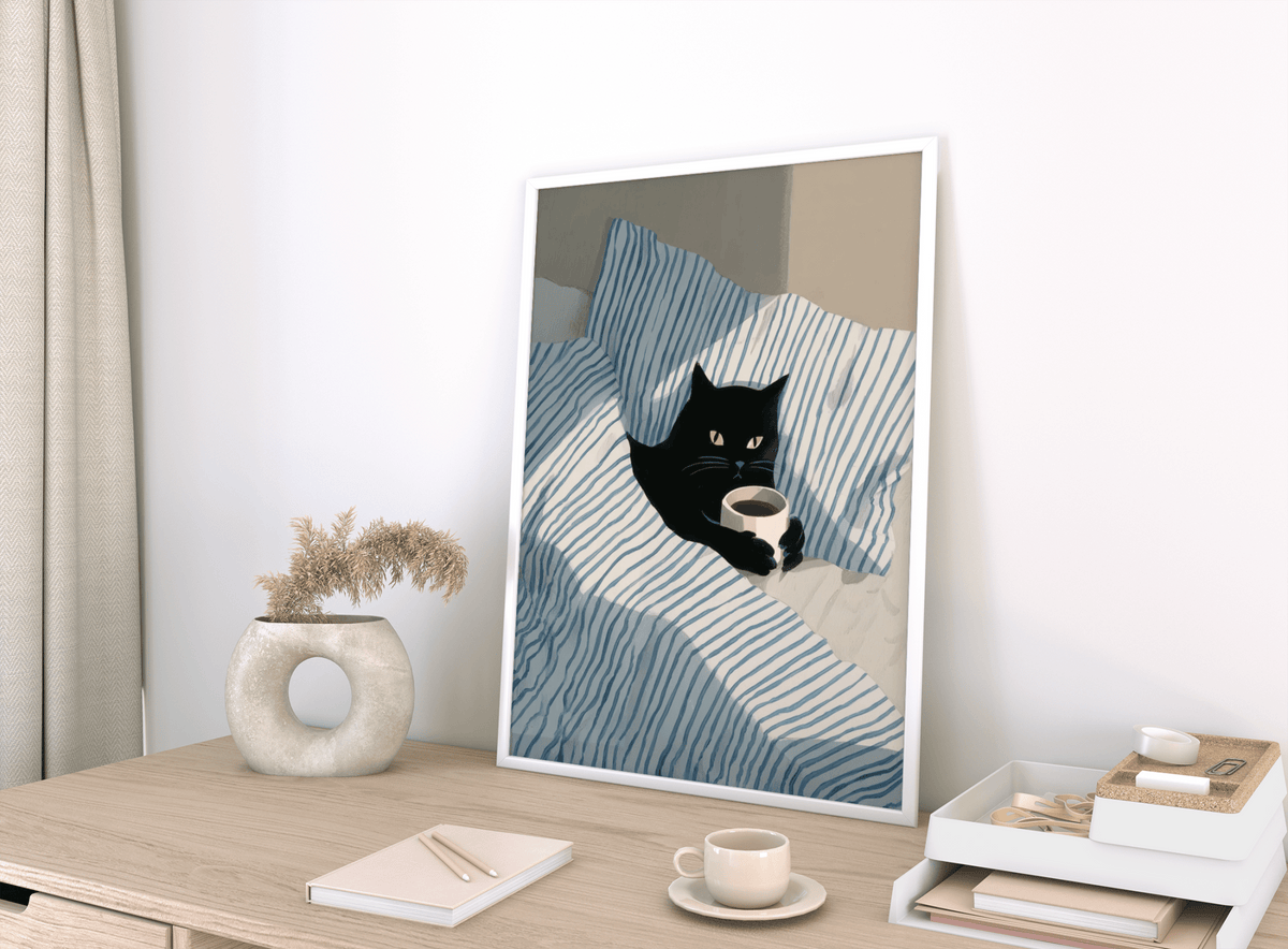 Black cat-themed Cat In Bed Poster art print for bedroom in blue and white