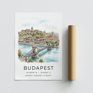 Architectural Budapest cityscape poster print with domes, spires, and riverside buildings