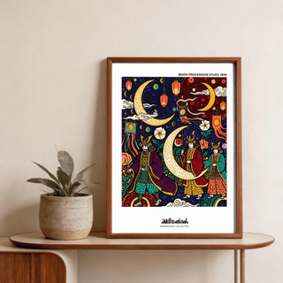Patterned illustration featuring hanging lanterns and a large crescent moon