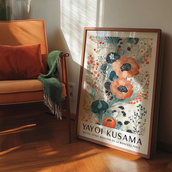 Artistic floral poster wall art with teal foliage and flowing petal shapes