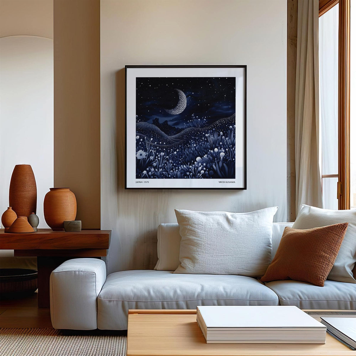 Minimalist bedroom with serene art with the moon poster