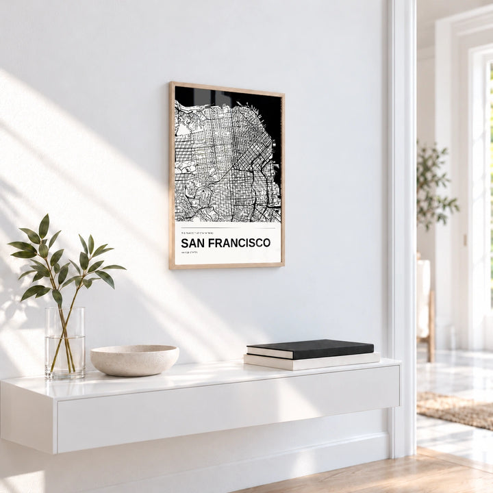 San Francisco personalised black and white map print with Perspex � Natural wood frame � Entryway