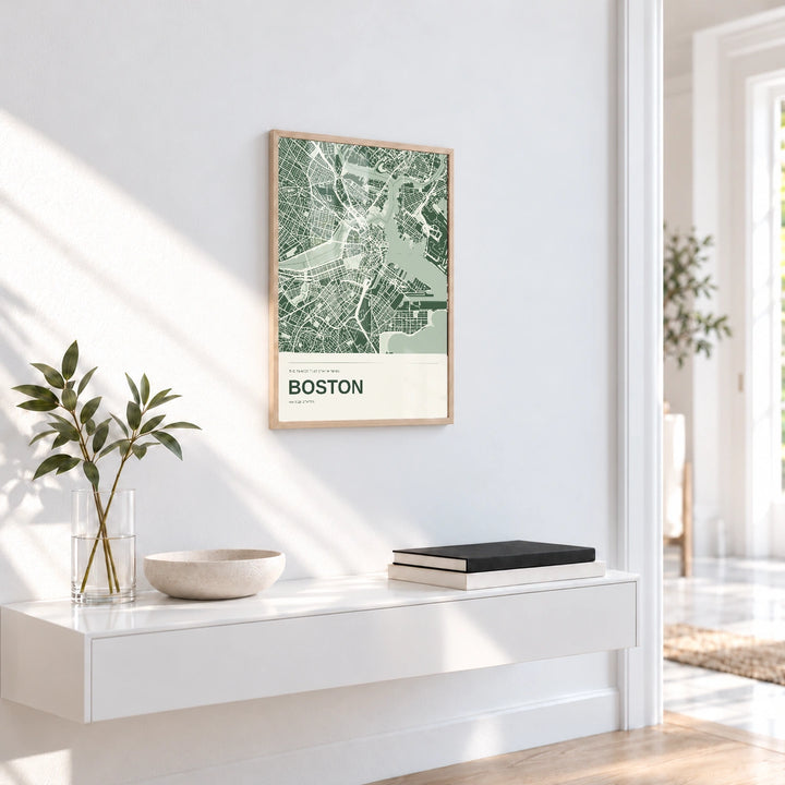 Boston personalised City in Colour map print with Perspex - Natural wood frame - Entryway