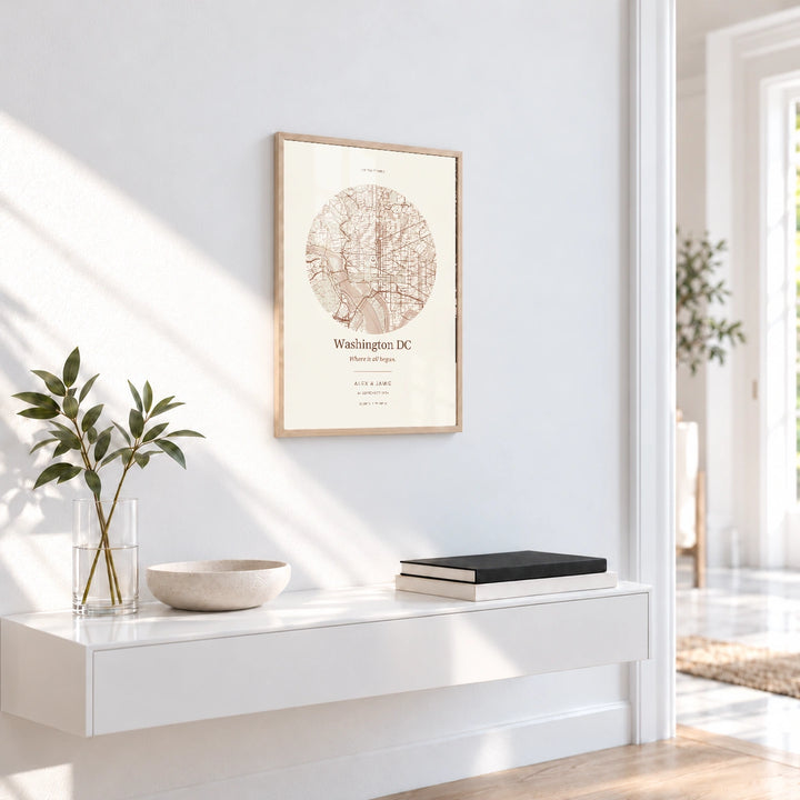 Washington DC personalised Our Place map print with Perspex - Natural wood frame - Entryway