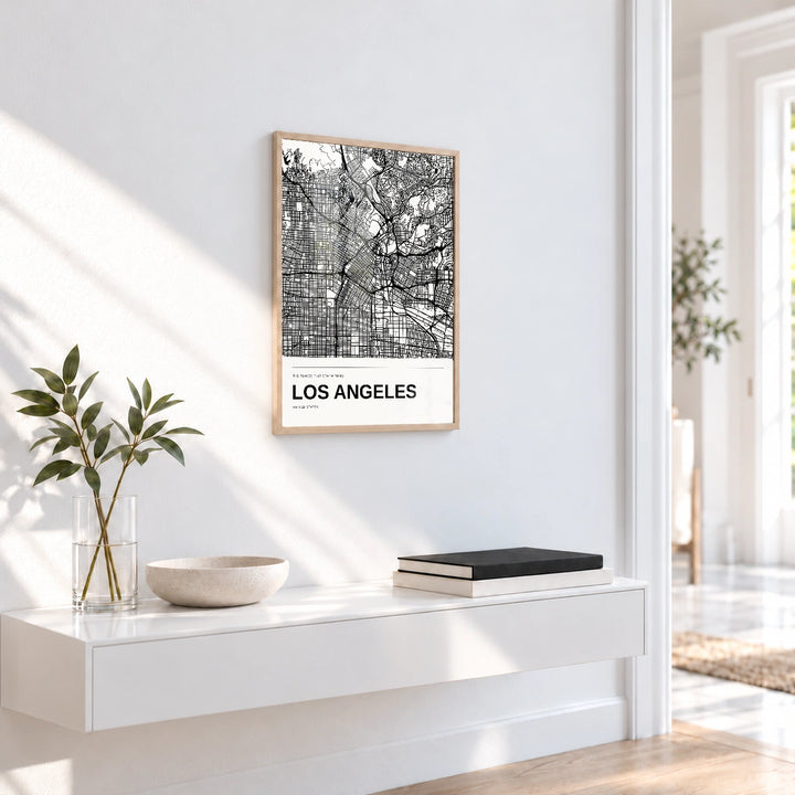 Los Angeles personalised black and white map print with Perspex � Natural wood frame � Entryway