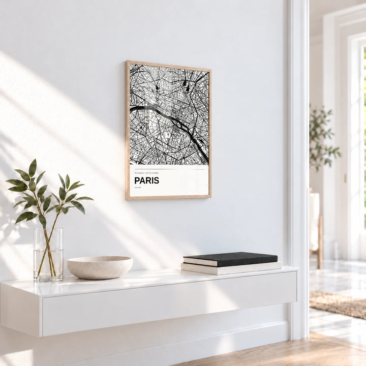 Paris personalised black and white map print with Perspex � Natural wood frame � Entryway