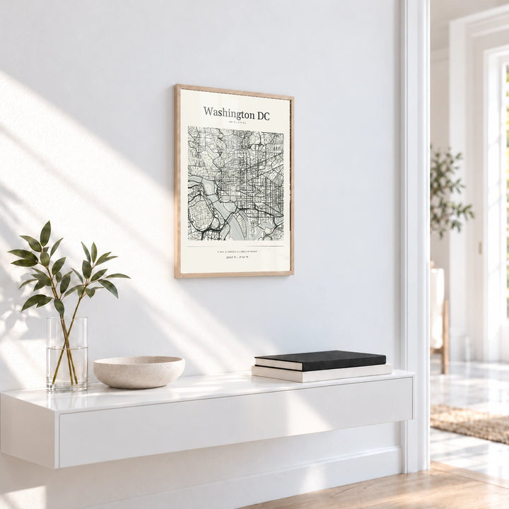 Washington DC personalised City Atlas map print with Perspex - Natural wood frame - Entryway