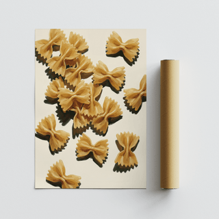 Unframed Farfalle Art Print with golden bow-tie pasta on cream paper, displayed beside a kraft mailing tube.