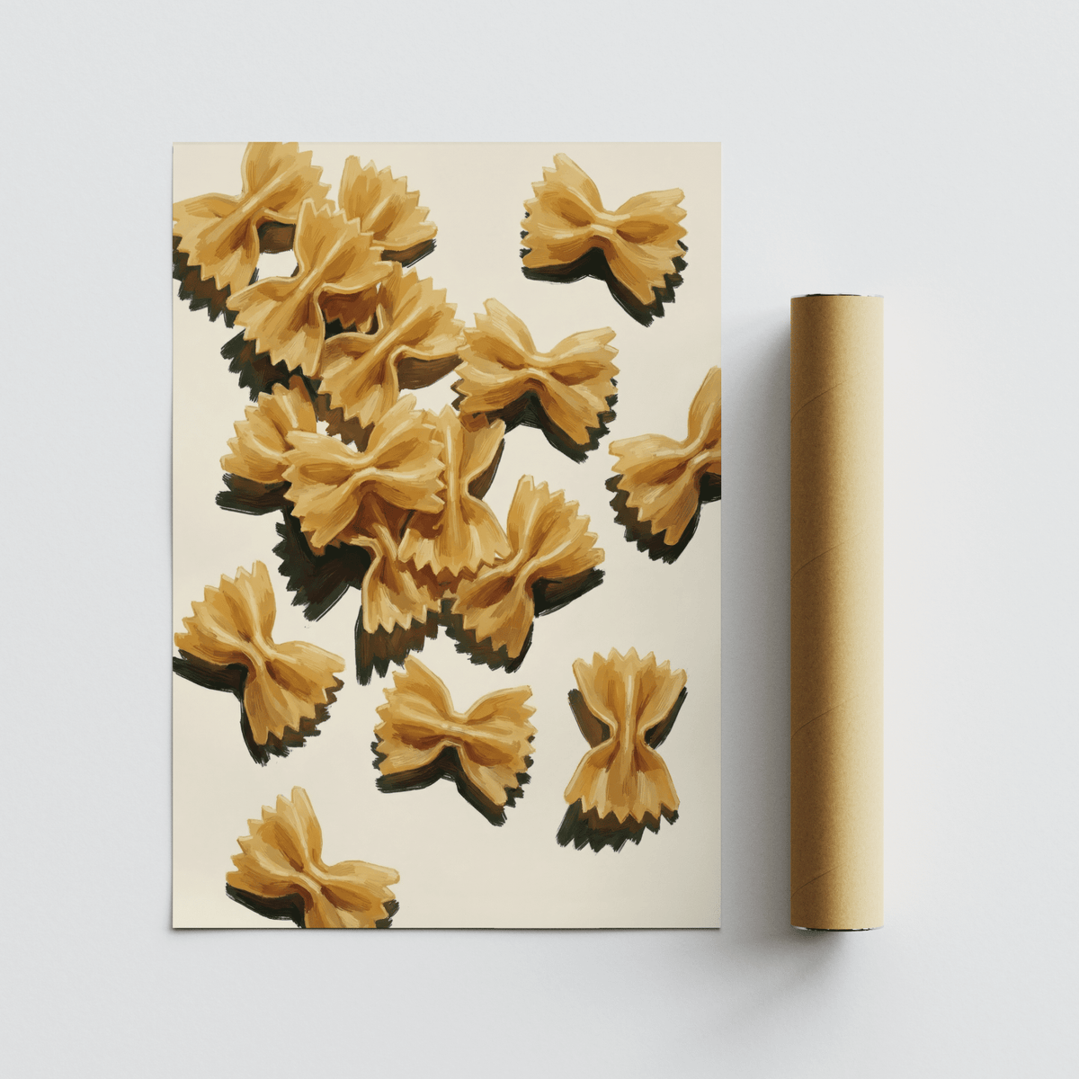 Unframed Farfalle Art Print with golden bow-tie pasta on cream paper, displayed beside a kraft mailing tube.