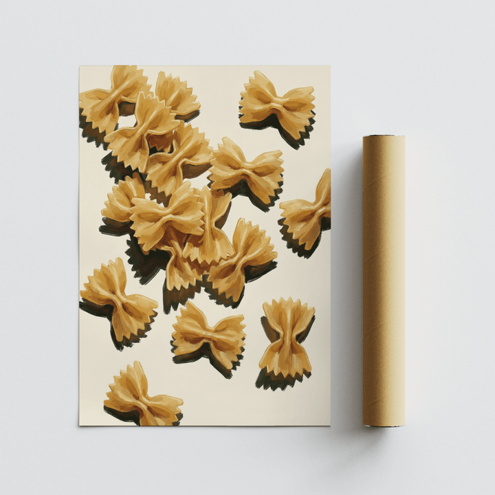Italian kitchen prints set of 3 with a flat lay of bowtie pasta on a cream background next to a brown tube