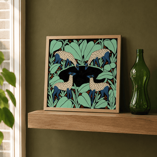 Decorative deer wall art with dotted coats, bold outlines, and botanical background