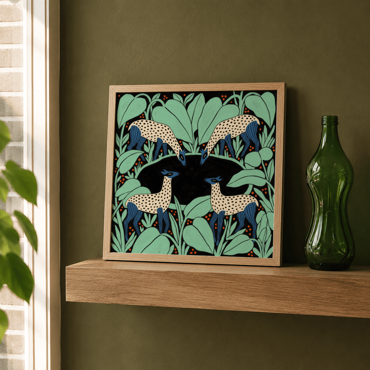 Decorative deer wall art with dotted coats, bold outlines, and botanical background