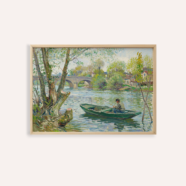 Fishing Boat Art Print with Green and Blue tones for living room wall art