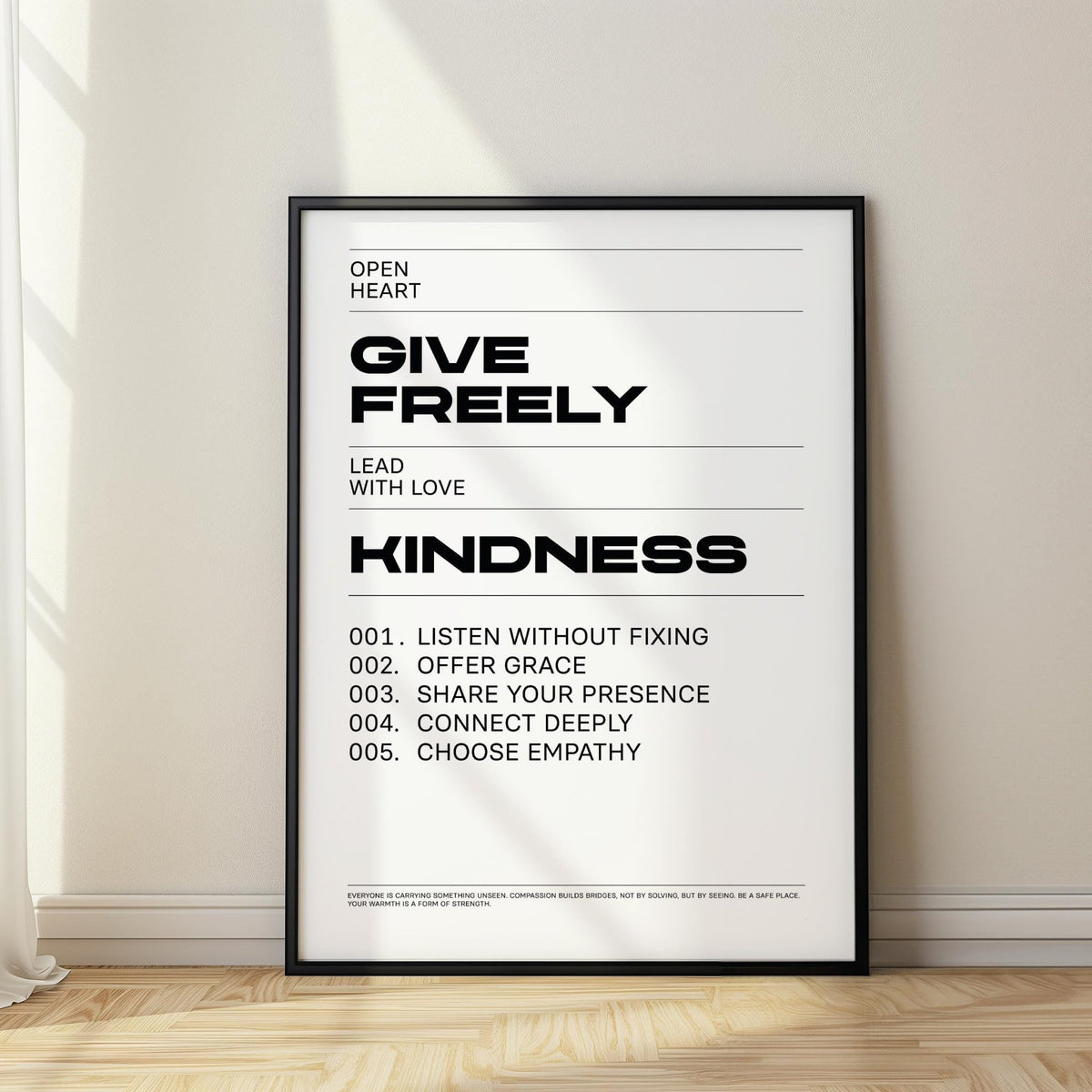 Art with Quotes print featuring bold black text on white background about kindness.