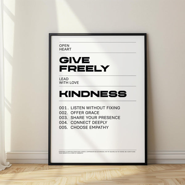 Art with Quotes print featuring bold black text on white background about kindness.