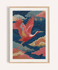 Vintage Japanese Print of a red bird in flight with a blue and pink cloud background