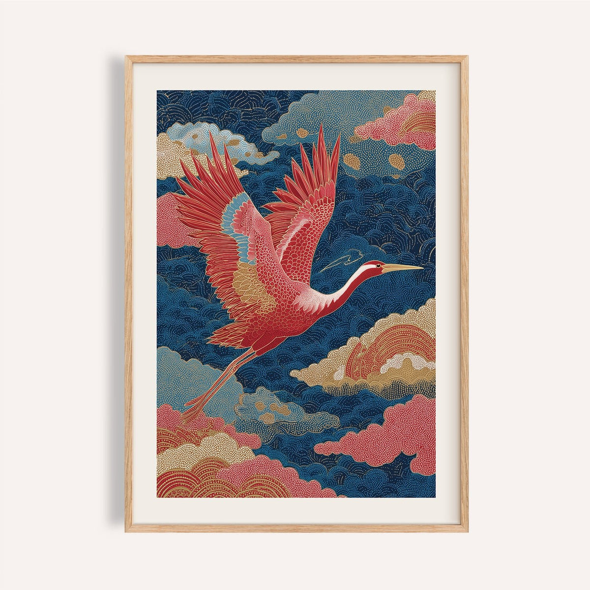 Vintage Japanese Print of a red bird in flight with a blue and pink cloud background
