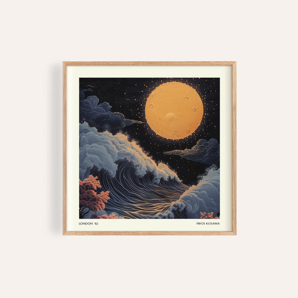 Japanese art pictures featuring a golden moon and ocean waves